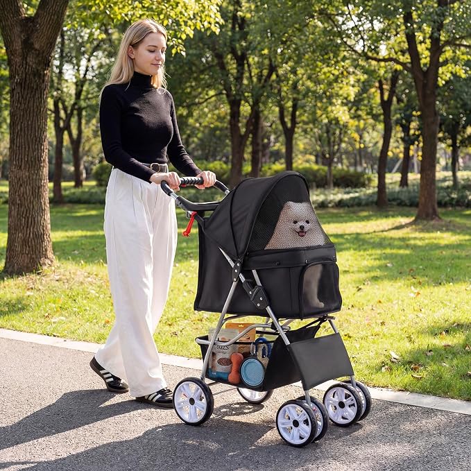 PETSITE 4 Wheels Pet Stroller, Foldable Dog Strollers for Small Dogs with Breathable Mesh, Waterproof Cover, Storage Basket, and Cup Holders, Ideal for Dogs Cats up to 33 lbs (Black)