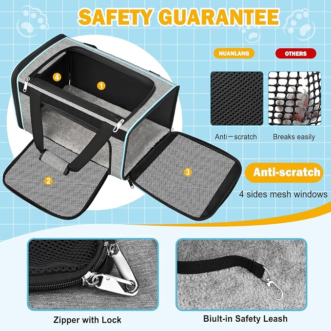 HUANLANG Soft-Sided Cat Carrier Airline Approved,Dog Carriers for Small Dogs Medium Cats,Pet Travel Carrier Up to 20 Lbs,Collapsible Cat Bag
