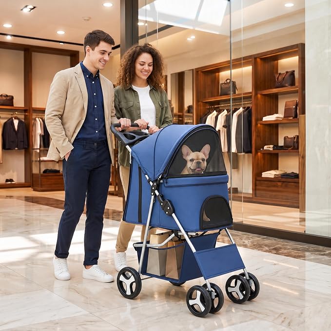 Pet Stroller 4 Wheels Dog Cat Stroller for Small Medium Dog Cats Carrier Jogger Travel Foldable Puppy with Storage Basket and Cup Holder (Navy Blue)