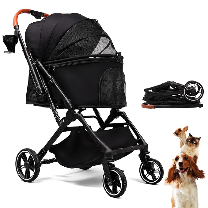 Bicystar Foldable Dog Stroller for Small Medium Dogs & Cats, 45 lbs, Black | For senior & injured pets, Travel-friendly, All-terrain 4 wheels, Aluminum frame, 42" handle for tall users, Two tethers