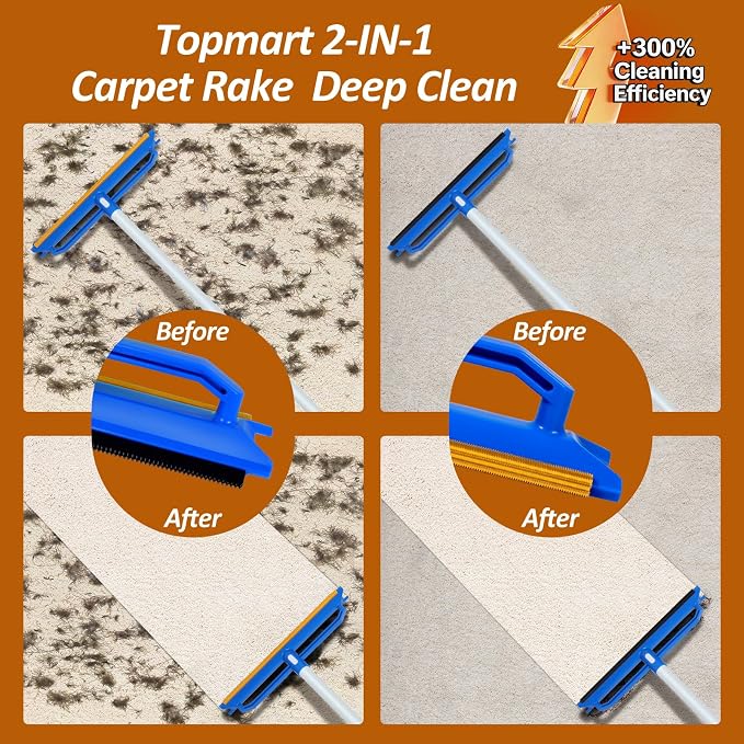 Topmart Carpet Rake with 60" Long Adjustable Handle | 2-in-1 Pet Hair Remover for Rugs Mat & Furniture,Reusable Carpet Scraper for Dog Cat Shedding Fur,Includes Silicone Pet Brush