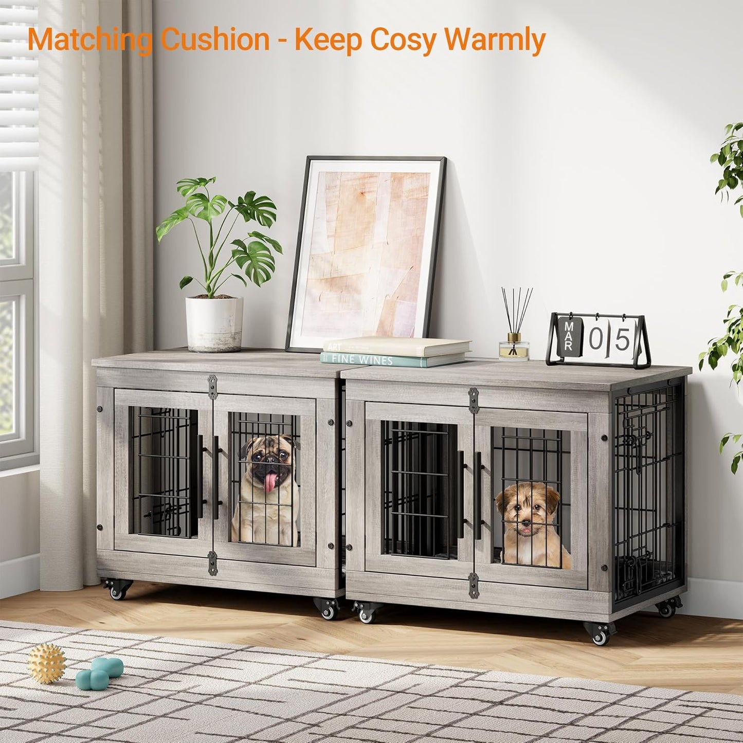 Lulive Small Dog Crate Furniture, Dog Kennel Indoor Double Doors Wooden Dog Cage, 27.1'' Heavy Duty Dog Crate with Cushion & Wheels, Decorative End Table Pet House Chew-Resistant for Small Dogs, Grey