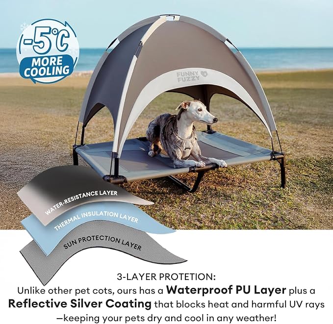 Outdoor Elevated Dog Bed with Canopy for Medium Dog, 36" Grey | Portable Raised Camping Pet Cot Hammock,Breathable Teslin Mesh,Weather Resistant,For Medium Pet Up to 55 lbs,Easy to Assemble