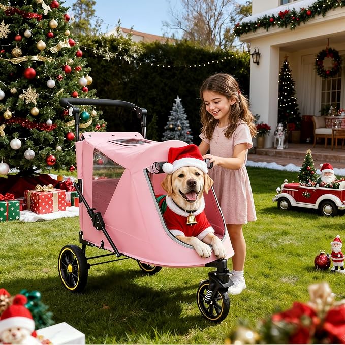 MoNiBloom Pet Stroller for Large Dogs or Dogs Cats up to 55 lbs, Pink | with Adjustable Handle, 3-Wheels Dual Entry Portable Dog Carting Easy Folding Pet Wagon Double Multiple Dog Stroller
