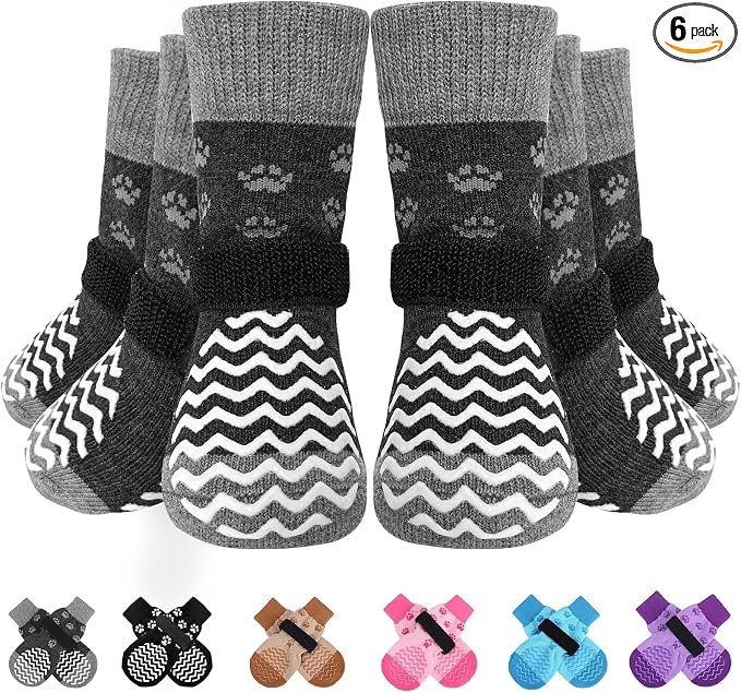 EXPAWLORER 6Pcs Anti Slip Dog Socks to Prevent Licking Paws, Pet Shoes for Hot Pavement Double Sides Dog Boots & Paw Protectors Booties for Hardwood Floors with Grippers Small Medium Large Senior Dogs