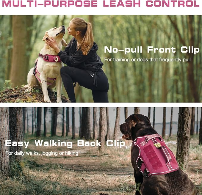 Dog Harness, Tactical No Pull for Small Sized Dog with Handle | Breathable Soft Padded, Adjustable, Reflective, Molle System, Heavy Duty, No Choke for Walking Training, Pink Small
