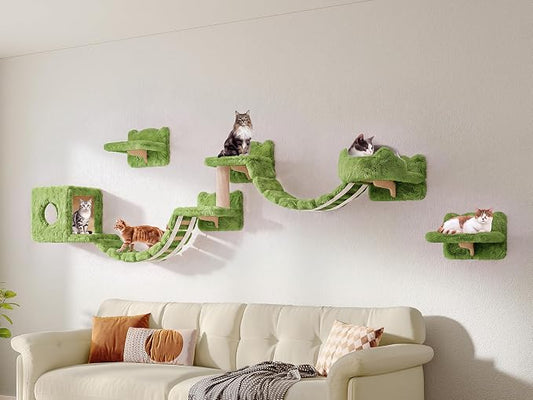 Cat Wall Furniture, 9 in 1 Cat Wall Shelves Set with Bridge, Green | Wall Mounted Cats Shelf for Space-Saving, Multi-Level Cat Climbing Systems for 16 Inch Drywall, with Scratching Posts, Condos