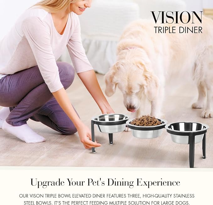 Vision Triple Diner - 3 Bowl Dog Feeder - Medium to Large Dogs - Multi-Dog Feeding Station - Furniture Grade Steel - UV Weather Resistant - No Noise - Indoor/Outdoor - 7" Tall