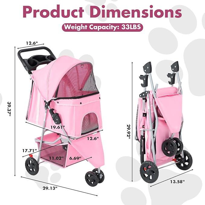 3 Wheel Pet Stroller for Dogs and Cats, Foldable, Lightweight and Durable, Ideal for Small to Medium Pets, Includes Storage Basket and Cup Holders