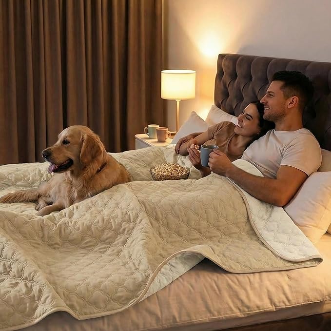 Waterproof Dog Blanket, Couch Cover for Dogs Washable, Reversible Dog Bed Cover, Couch Furniture Protector. (Dark＆Light Beige, 82 X 82 Inch - 1 Pack)