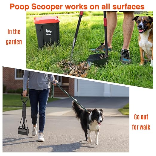Dog Pooper Scooper, 7Pcs Set Poop Trash Can with Removable Inner Bucket, Long Handle Tray & Rake, 60 Waste Bags, Dog Waste Large Bin Waterproof for Outdoor, Backyard, Garden