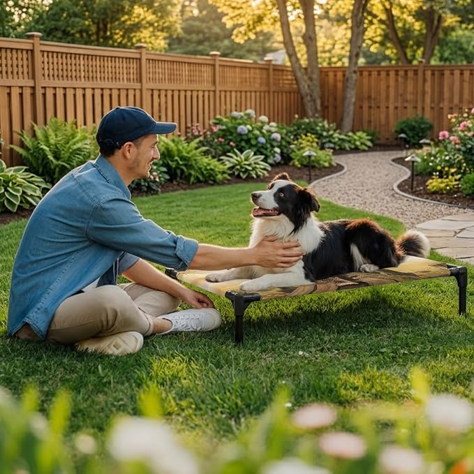 Outdoor Elevated Dog Bed for Large Dogs, Elephants Breathable Cooling Raised Dog Cot for Indoor/Outdoor, Branches Trees Modern Art Animals Waterproof Elevated Pet Beds, L 28 x 22 in