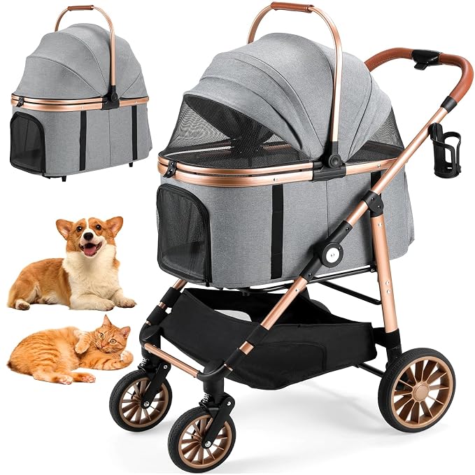MAMIZO Pet Stroller for Medium Dogs Up to 44 lbs with Detachable Carrier | All-Terrain 3-in-1 Dog Stroller for Senior Dogs & Cats with Rubber Wheels, One-Click Folding, Storage Basket & Cup Holder