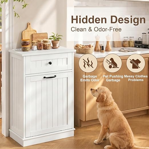 13 Gallon Tilt Out Trash Can Cabinet, Hidden Trash Bin White | Trash Cabinet with Drawer, for Kitchen, Bathroom and Laundry Room