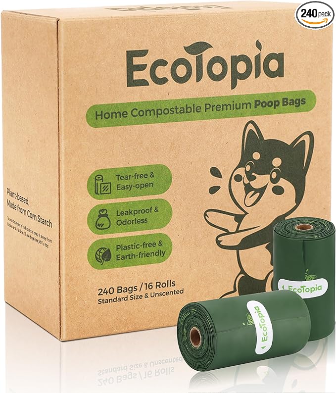 Tear-Free Biodegradable Poop Bags for Dogs,240 Compostable Dog Waste Bags Rolls,Eco-Friendly,Extra Thick,Leakproof,Unscented,Plant-based,ASTM D6400 & EN 13432 Compliant,Dark Green
