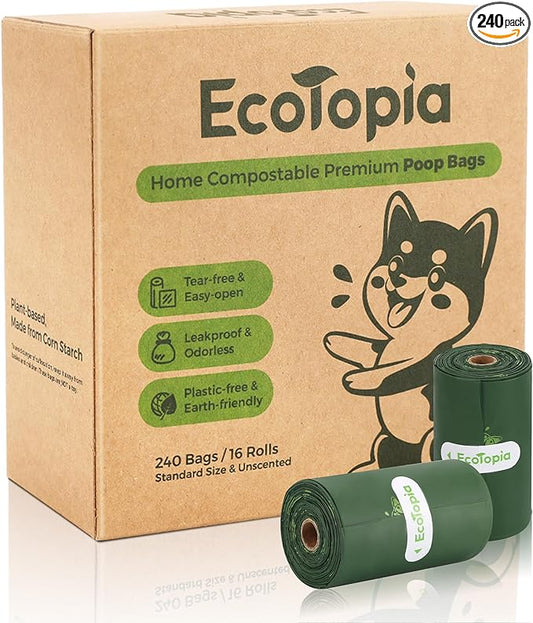 Tear-Free Biodegradable Poop Bags for Dogs,240 Compostable Dog Waste Bags Rolls,Eco-Friendly,Extra Thick,Leakproof,Unscented,Plant-based,ASTM D6400 & EN 13432 Compliant,Dark Green