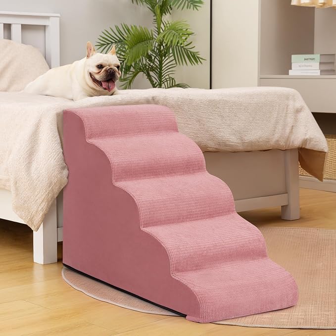 5-Step Pink Dog Stairs for High Bed, Pet Ramp for Small Dogs, Cats | Aodisman Pink Pet Stairs Designed for Small Dogs and Cats, Making It Easier to Get on High Beds with Comfort , 22.4" H