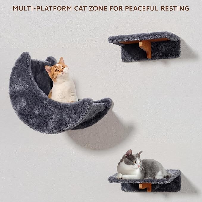 Cat Wall Furniture, 13 in 1 Moon & Bridge Cat Wall Shelves, Grey | Wall Mounted Cats Shelf Set with Plush Fabric, Cat Climbing Systems for 16 Inch Drywall, Condo, Scratching Post, Space-Saving
