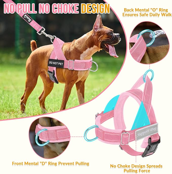 SlowTon No Pull Dog Harness with Front Clip - Heavy Duty, Soft Padded | Neck & Chest Adjustable, Tactical Pet Vest and Leash Set for Large Medium Sized Dogs, for Easy Walk & Training, Pink XL