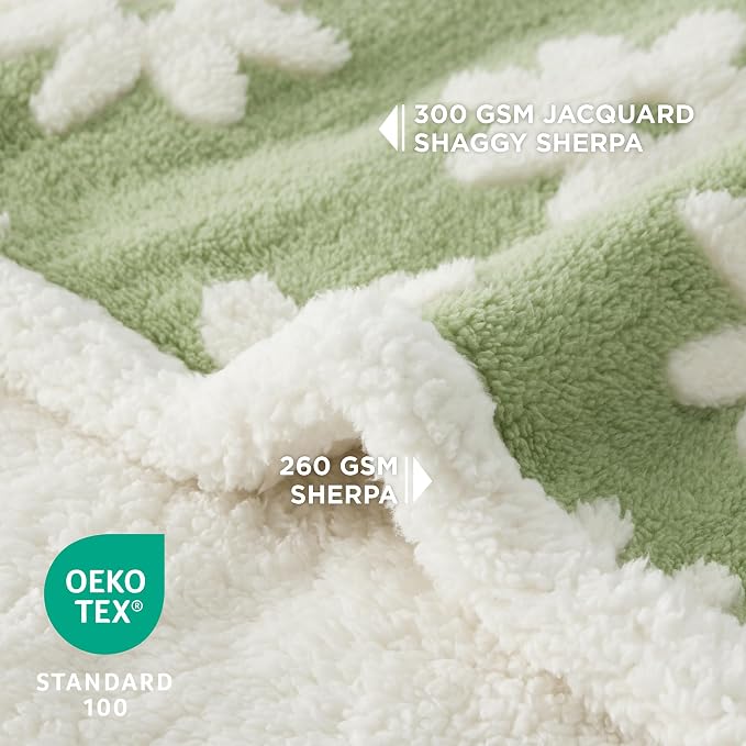 LE SURE Waterproof Blanket for Bed Cute Cozy 3D Jacquard, Twin（60x80） | Dog Blankets for Large Dogs, Pet Aesthetic Gift, Warm Soft Sherpa Throw, Reversible Couch Protector, Flower Garden Green