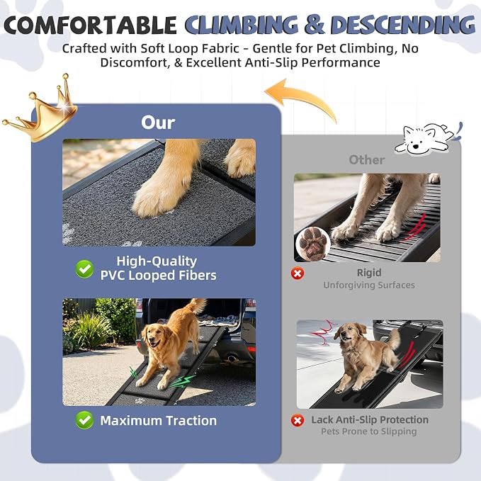 Upgraded Dog Ramp for Car 71" X-Long & 19.7" Wider Portable Dog Ramps for Large Dogs Non Slip Rug Surface Extra Wide Steps for SUV Car and Truck Folding Pet Ramp Supports Up to 270LBS
