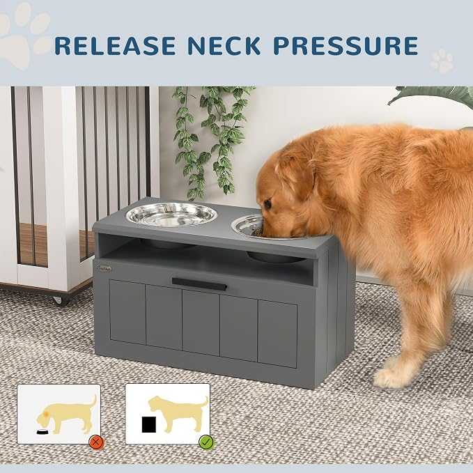PawHut Elevated Dog Bowls Raised Dog Feeder with Storage Gray | 2 Stainless Steel Bowls, Slow Feeder Mat, Feeding Station, Large Extra Large Breeds