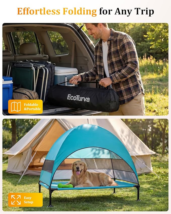 Elevated Dog Bed with Canopy - 3-Sided UV Protection Pet Tent with Wider Shade, Raised Cooling Outdoor Dog Cot with Breathable Mesh for Medium Large Dogs, Portable Pet Bed for Camping, Patio (Aqua, L)