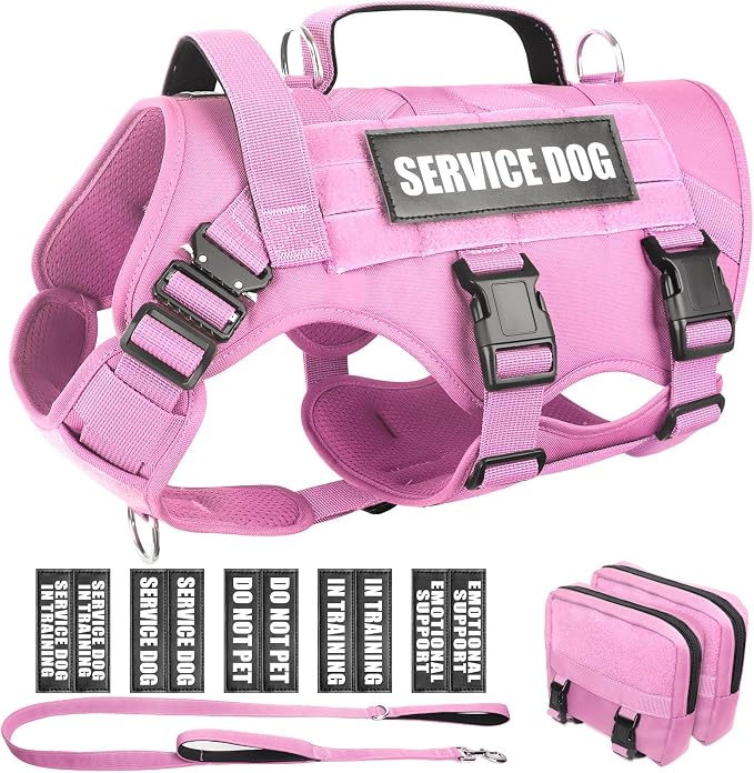 Tactical Dog Harness with Dog Leash, Service Working MOLLE Vest with 10 Pet Patches for Dog, No Pull Military Harness and Backpack for Training Hunting Walking
