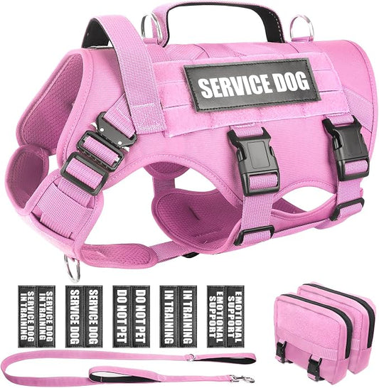 Tactical Dog Harness with Dog Leash, Service Working MOLLE Vest with 10 Pet Patches for Dog, No Pull Military Harness and Backpack for Training Hunting Walking