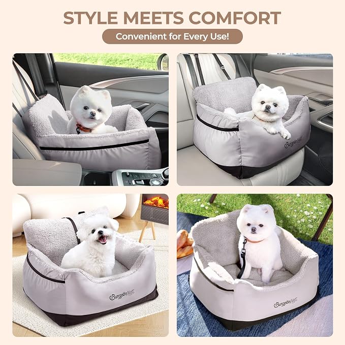 BurgeonNest Dog Car Seat for Small Dogs, Detachable and Washable Cat Carseats Under 25 lbs, Soft Pet Booster Seats with Storage Pockets and Clip-On Leash Portable Car Travel Carrier Bed, Black Grey