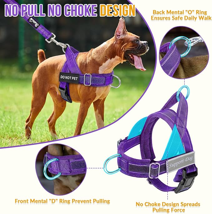 SlowTon No Pull Dog Harness with Front Clip - Heavy Duty, Soft Padded | Neck & Chest Adjustable, Tactical Pet Vest and Leash Set for Large Medium Sized Dogs, for Easy Walk & Training, Purple M