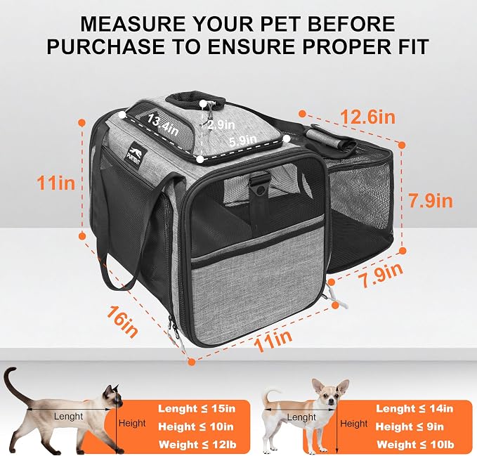 Cat Carrier Soft Expandable Pet Carrier Top & Sides Airline Approved Dog Carriers 360° Ventilation Soft-Sided Cat Carriers with Breathable Mesh Built-in Safety Leash & Reversible Cushion