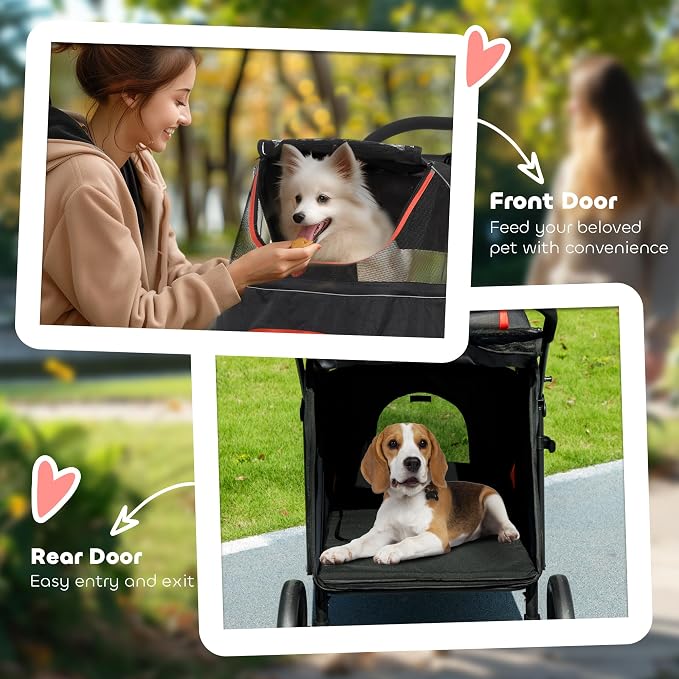 PawHut Dog Stroller for Large Medium Small Dogs up to 66 Lbs. 23.5" in Body Length, One-Click Foldable Pet Cat Stroller with Storage, Shock Absorption Wheels, Mesh Window, Safety Leash, Black