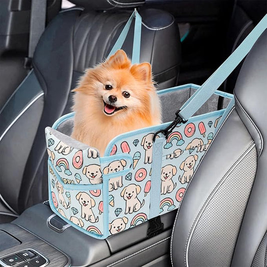 Console Dog Car Seat for Small Dogs, Foldable Booster Seat, Blue Puppy | Portable Booster Seat Sits On Car Console/ Armrest. Foldable for Easy Storage. for Center Console, Easy To Clean.