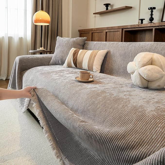 VClife Vintage Light Gray Striped Couch Cover with Tassel, 71" X 150" | Soft Thick Chenille Couch Covers for 3 Cushion Couch Sofa, Washable Sofa Covers for Sectional Sofa, Fade & Shrink Resistant
