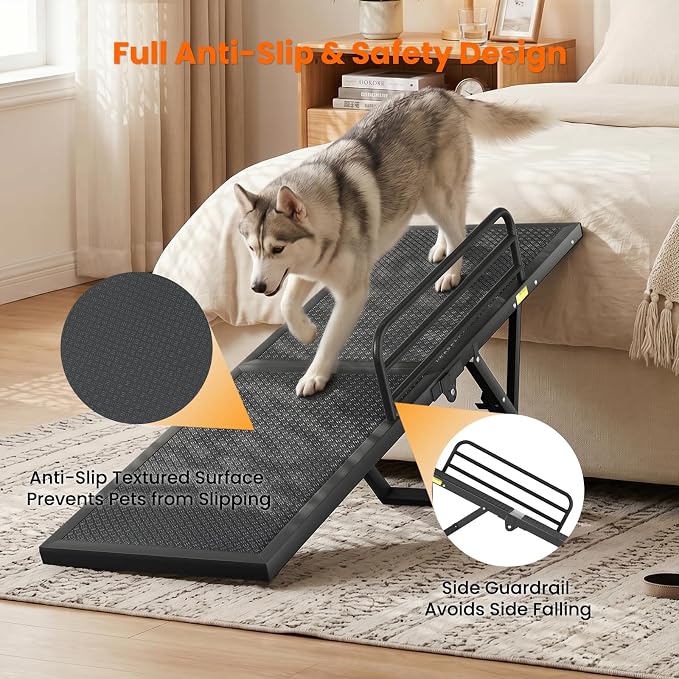 Dog Ramp for Bed,Couch,Car, 5-Level Adjustable Foldable Pet Ramp | With Non-Slip Rubber Surface & Safety Side Rail, Adjustable Height 16"-23.6", For Small & Medium Dogs, Supports Up to 200 lbs