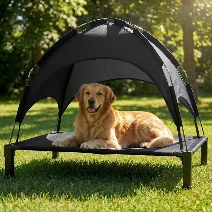 Elevated Dog Bed with Canopy Raised Pet Cot for Large Dogs, Outdoor Dog Cot with Removable Sun Shade Tent, Breathable Mesh Portable Dogs Cot for Camping, Beach, Backyard, Outdoor Use
