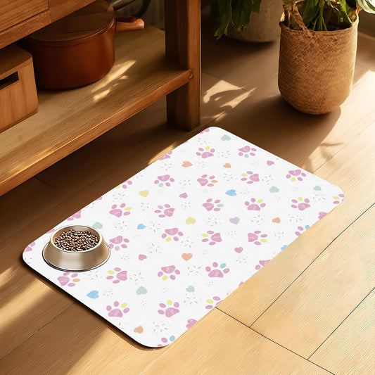 Pink Dog Paw Pet Feeding Mat for Floors-Absorbent Dog Bowl Mat for Food and Water, Quick Dry Pet Cat Feeding Mats with Non Slip Bottom, Mess-Free Dog Accessories 12"x20"