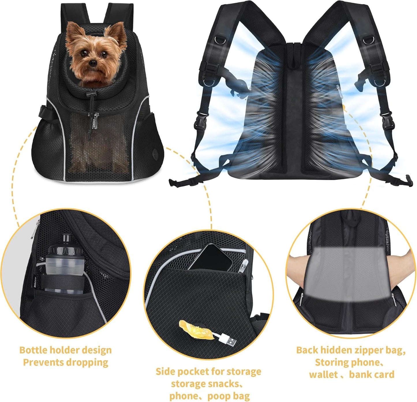 WOYYHO Pet Dog Carrier Backpack Small Dog Front Backpack Ventilated Mesh Dog Travel Back Pack with Safety Belt for Travel Hiking Cycling Outdoor Use (S (2-4.5 lbs), Black)