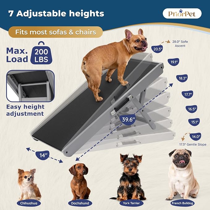 Dog Ramp for Couch – Non-Slip, Sturdy Build Foldable Wooden Dog Ramp – Supports up to 200 lbs – 7 Adjustable Heights (14"–20.5") – Enhanced Stability – Birchwood Pet Ramp for Small Dogs – Gray
