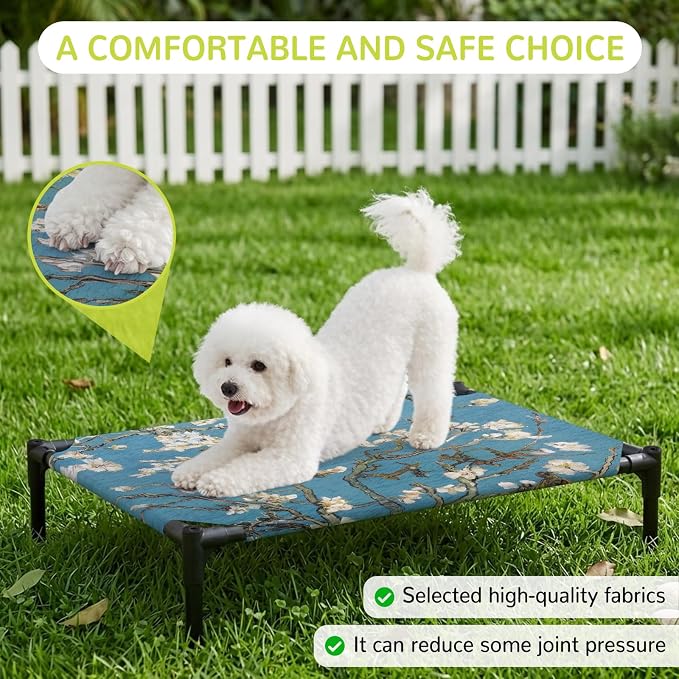 Outdoor Elevated Dog Bed for Medium Dogs, Flowers Branches Breathable Cooling Raised Dog Cot for Indoor/Outdoor, Farmhouse Turquoise Sky Moon Tree Waterproof Elevated Pet Beds, M 24 x 20 in