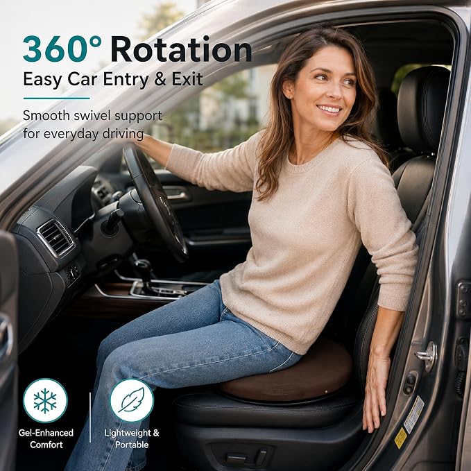 Sojoy iGelComfort 360° Swivel Seat Cushion – Gel Memory Foam Cushion for Car, Office, Dining – Pain Relief & Easy Entry/Exit for Seniors, Post-Surgery & Long Sitting (Brown, 13.5" x13.5" x 1.75")