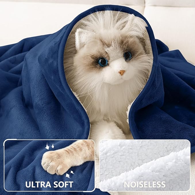 Smiry Waterproof Dog Bed Blanket, Leakproof Pet Throw Blanket for Bed Couch Sofa, Reversible Sherpa Fleece Furniture Protector Cover for Small Medium Large Dogs Cats (Navy Blue, 32x40 inches)