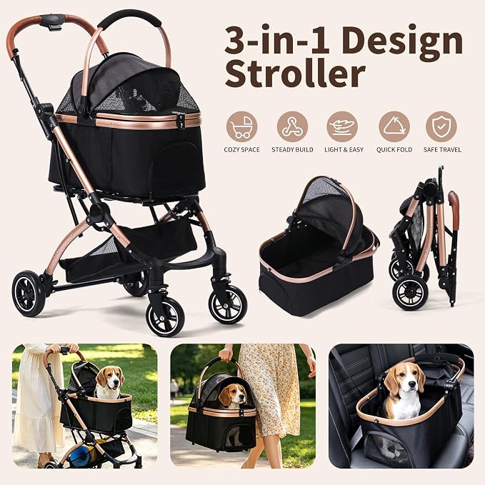 Dog Strollers for Small Medium Dogs and Cats 45 lbs, 3-in-1 Pet Stroller with Removable Carrier, 4 Wheels One-Hand Fold Travel Carriage with Storage, Cup Holder and Car Seat, Black
