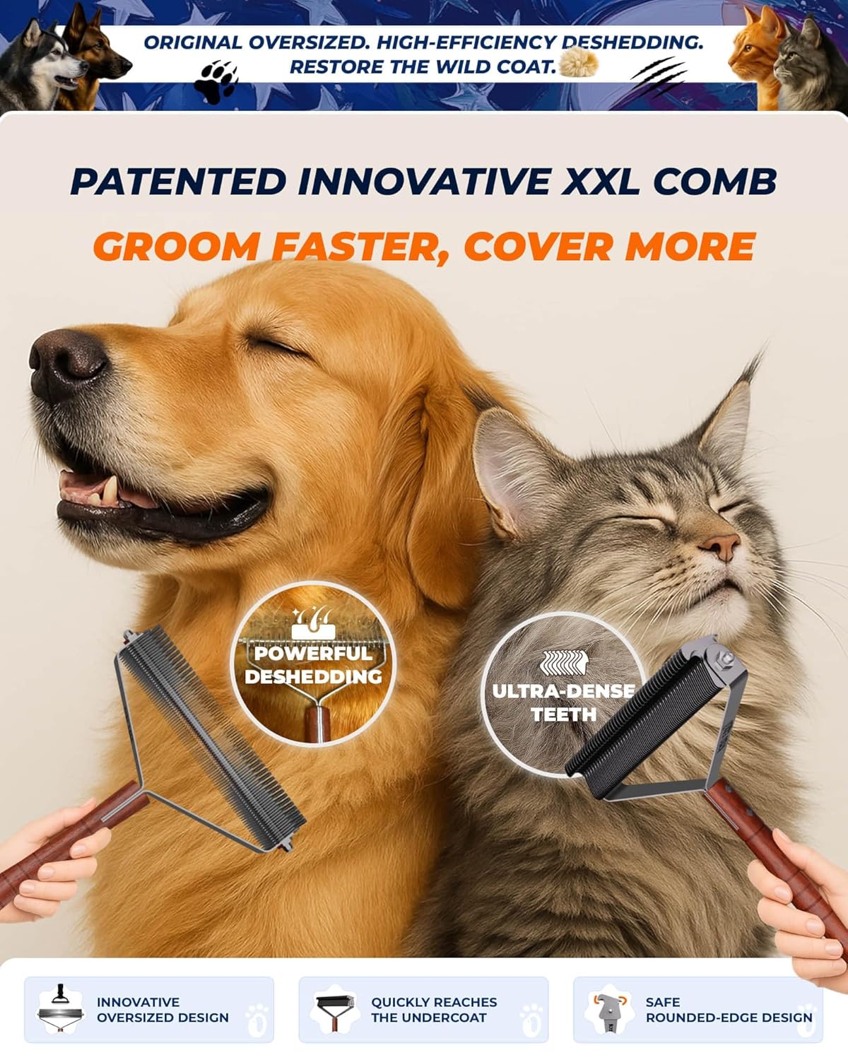 Oversized 2-Sided Dog Brush For Shedding Undercoat Rake for Dogs & Cats & Horses, Remove Mats,Dematting Comb, Grooming Brush for German Shepherds Medium to Long-Haired Pets(African Padauk Handle)