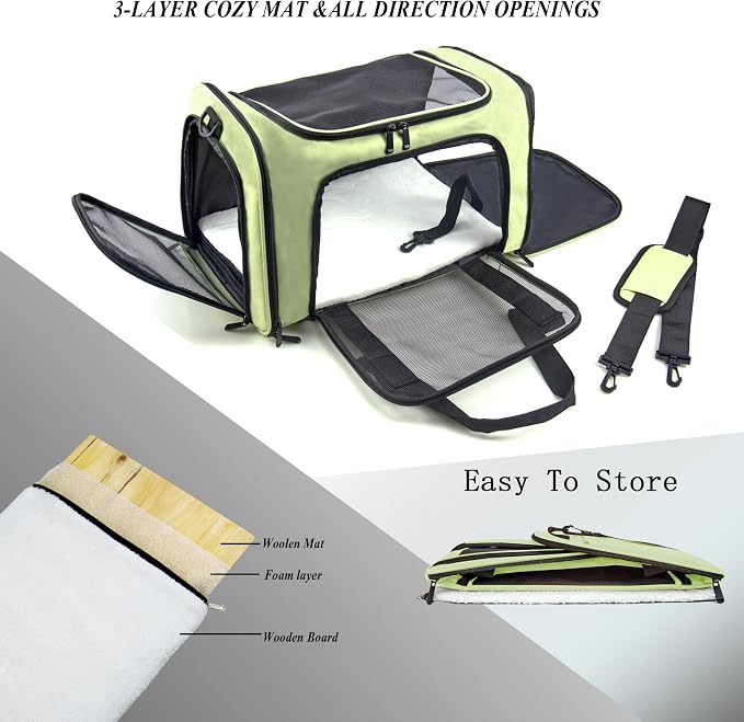 Soft Sided Carrier for Small Medium Cats Dogs,Removable Pad Collapsible Travel Pet Carrier Large Green