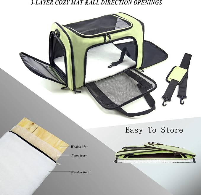 Soft Sided Carrier for Small Medium Cats Dogs,Removable Pad Collapsible Travel Pet Carrier Large Green