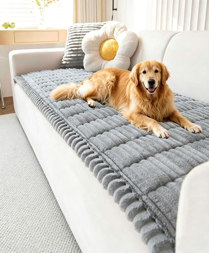 OTOB Couch Covers for 3 Cushion Sofa Pet Friendly, Plush Fuzzy Non Slip Sofa Covers Washable, Soft All Seasons Sofa Slipcovers Furniture Protector Dog Bed Mat (Gray, 27.6" x 82.7")