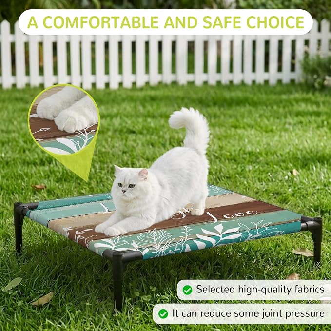 Outdoor Elevated Dog Bed for Small Dogs, Teal Green Brown Botanical Breathable Cooling Raised Dog Cot for Indoor/Outdoor, Farmhouse Wooden Leaves Waterproof Elevated Pet Beds, S 20 x 20 in