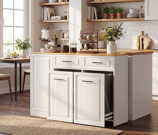 ZIFTY Pull Out Trash Can Cabinet with Storage, 2×13 Gallon Trash Cans White | Pet Proof, Freestanding Kitchen Cabinet, Large, Hideway Drawer , Hidden Garbage Storage, Modern Farmhouse Waste Bin Furniture